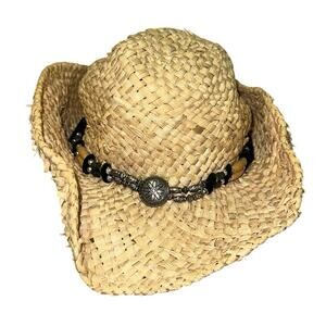 Natural Woven Straw Cowboy Hat Beaded Western Festival‎ Hat Unisex